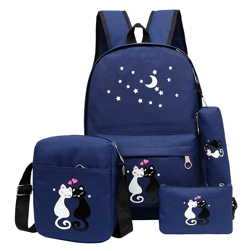 Women Backpack Schoolbag 4 pcs set lovely Cute Cartoon Cat Print School Bag Backpacks for Teenage Girls Daypack Rucksack Moclila