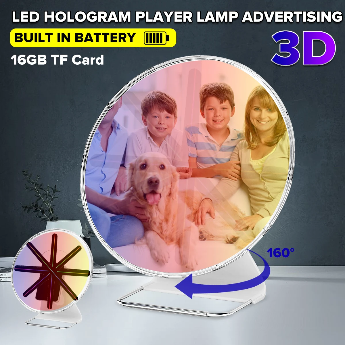 Portable 30CM 3D Holographic Projector With Battery Hologram Player LED Display Fan Advertising Light APP Control