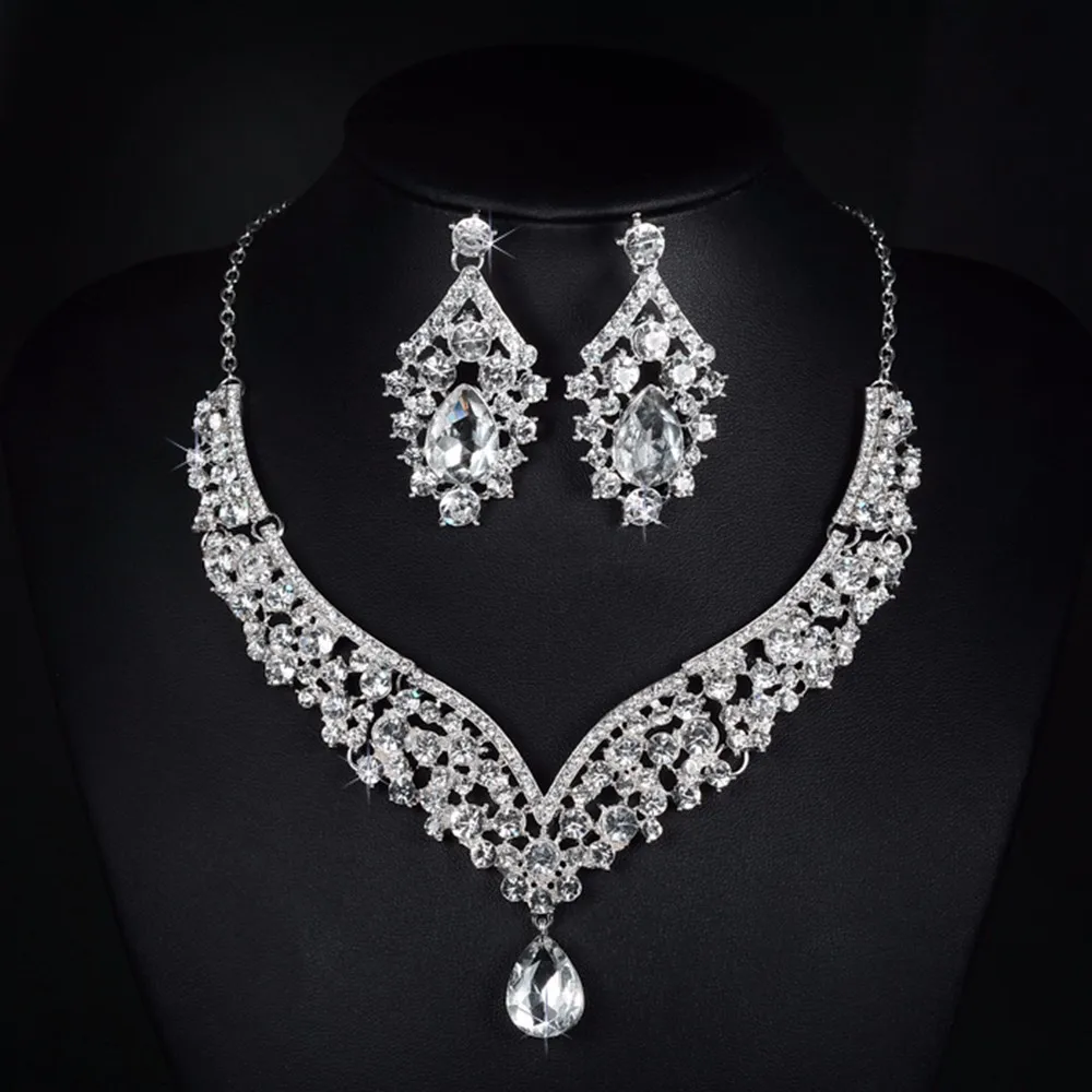 V necklace and earrings luxury crystal jewelry sets wedding engagement bijouterie romantic vintage cz diamond embroidery decoration D022 (4)