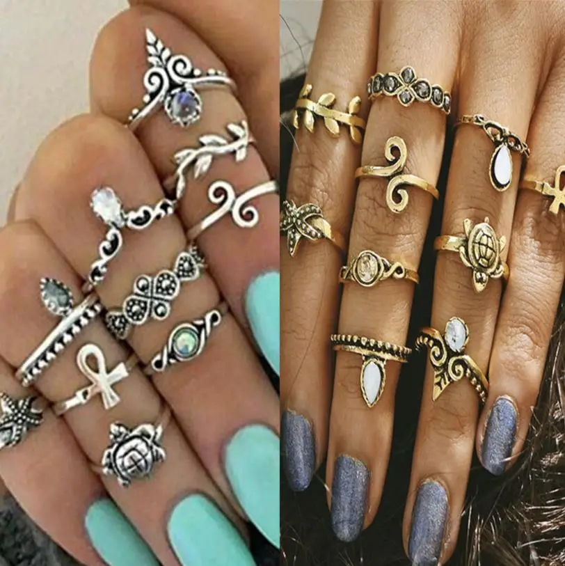

Infery Antique Gold Silver Color Turtle Knuckle Rings Sets for Women Crystal Leaf Starfish Hollow Cross Mid Midi Finger 1R085