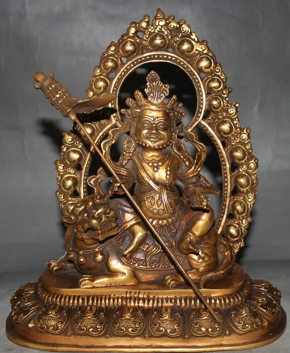 

8" Tibet Buddhism Bronze Gilt Vaishravana On Lion Protector Deity Buddha Statue S0705