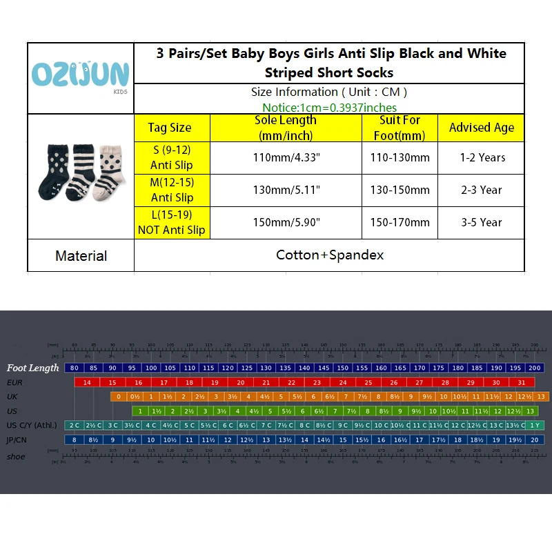 3 пар/компл. для маленьких мальчиков и девочек Нескользящие черный, белый цвет, длинные утепленные штаны в полоску, в горошек, короткие носки детские носки в партии, для детей от 0 до 5 лет хлопковые носки, Размеры S/M/L