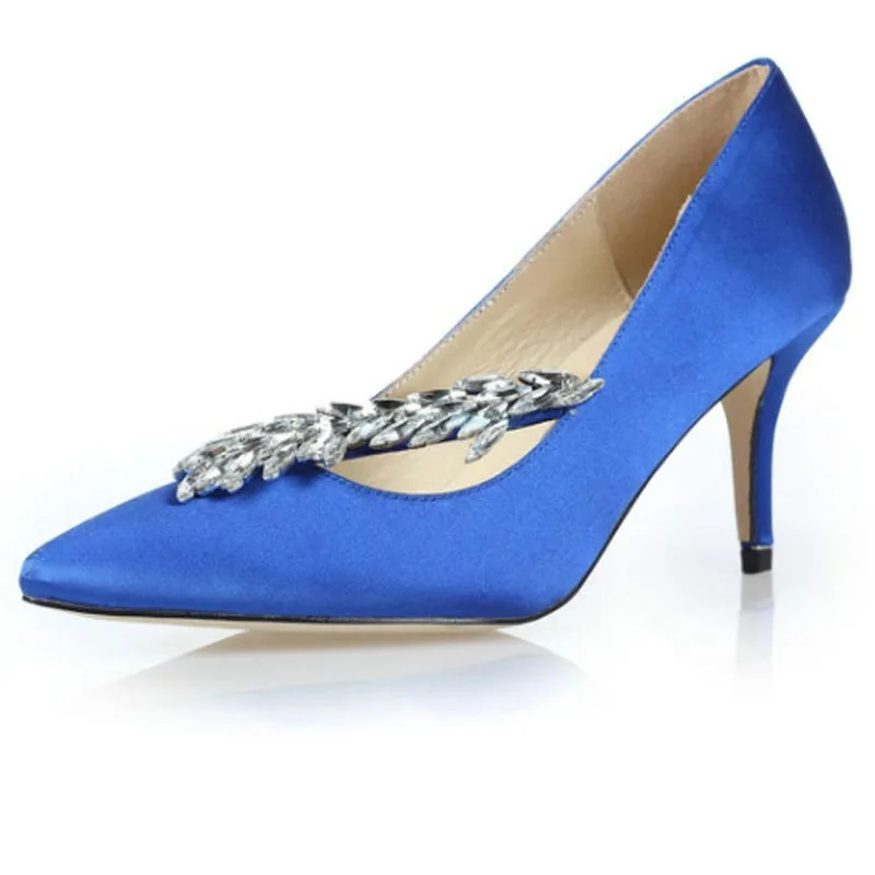 Весенние милые Для женщин с украшением в виде кристаллов Каменка шелковые туфли-лодочки; блестящие стразы; с острым носком; на высоком каблуке-шпильке; Свадебная обувь - Цвет: blue
