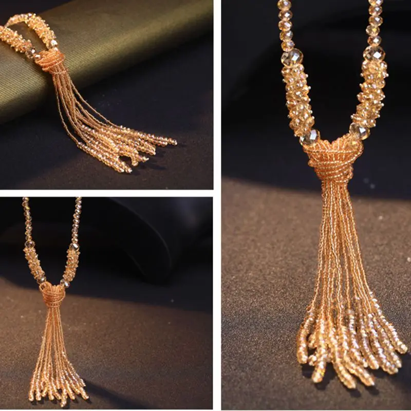 Европейский стиль модное ожерелье из блестящих нитей с бусинами высокого качества с кристаллами и длинными кисточками для женщин