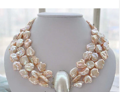 

Charming! 3strands 19mm BAROQUE pink KESHI REBORN PEARL NECKLACE mabe clasp NEW