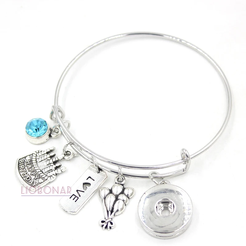 1PC Snap Jewelry Happy Birthday Charm Bracelet Adjustable Wire Bangle
