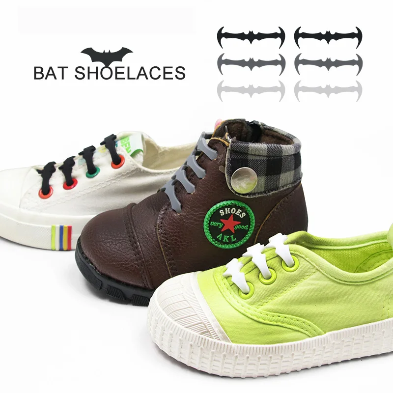 1 Sets 12Pcs Bat Children's Silicon Shoelaces Lazy elastic Silicone Laces Unisex Elastic Laces T-tie Creative Without Tie Rubber