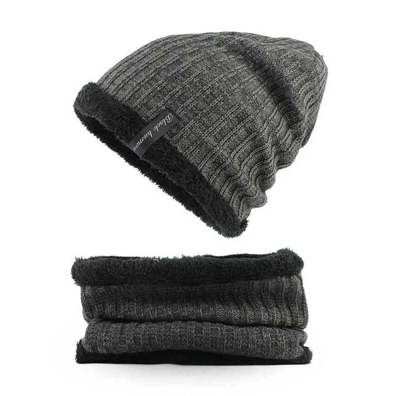 [FLB] зимняя вязаная шапка бини Для мужчин шарф Skullies вязаные шапочки зимние, шапки для Для женщин Для мужчин шапки капор маска брендовые кепки F18005 - Цвет: Gray Set