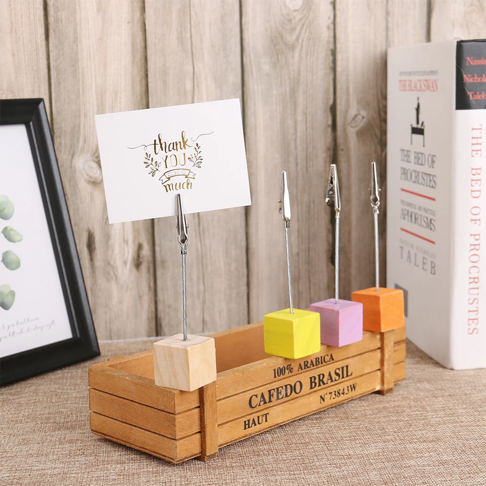 

1PC Color log Square Message Clip Wrought Iron Note Postcard Wooden Clamps Stand Photos Clips Desktop Decoration