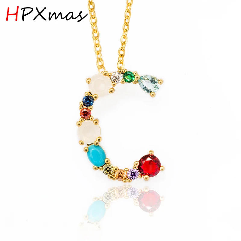 HPXmas Golden Necklace With Colorful Crystal Fashion 26 Letters Pendant Women Necklaces Jewelry For Female Gifts |