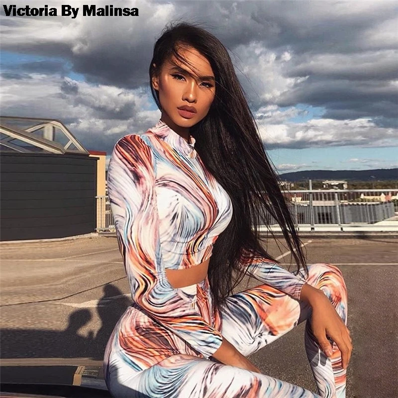 

Sexy Long Sleeve Crop Tops And Sport Leggings Fitness Set Printed Women's Tracksuit Set Sportswear Sports 2 pcs Suit