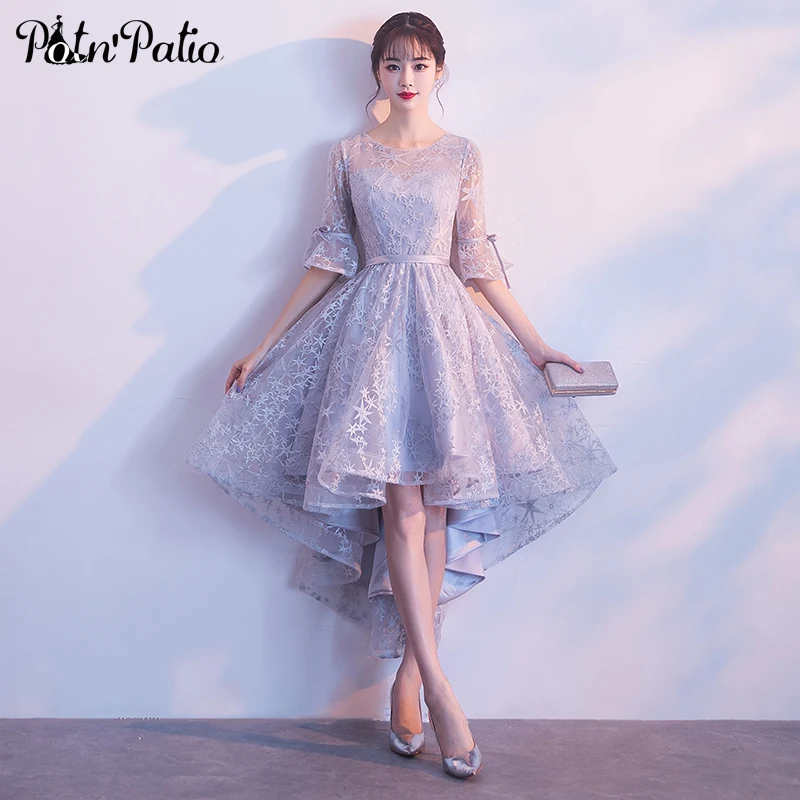 

Silver Gray High Low Prom Dresses For Graduation Party 2019 Plus Size Short Front Long Back Lace Homecoming Dresses With Sleeves