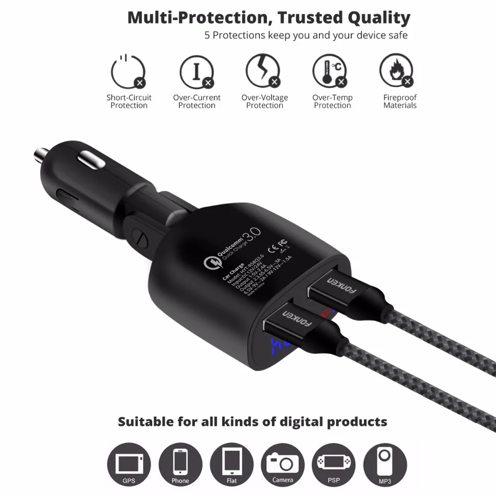 FONKEN 2 ميناء USB سيارة شاحن تهمة سريع 3.0 LED عرض QC3.0 سيارة-شاحن 30 واط 9 فولت 2A مع سريع شحن كابل للهاتف المحمول