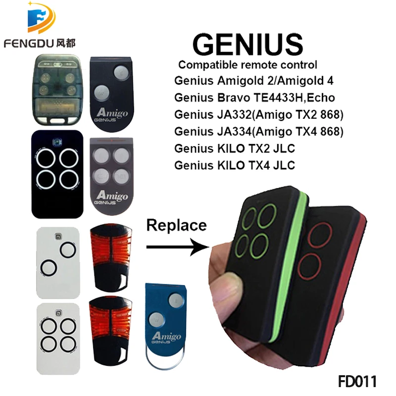 

GENIUS 868MHZ 2 channels universal remote control compatible GENIUS Amigo TX2 868,KILO TX2 JLC,Amigold 4,Genius JA334 remotes