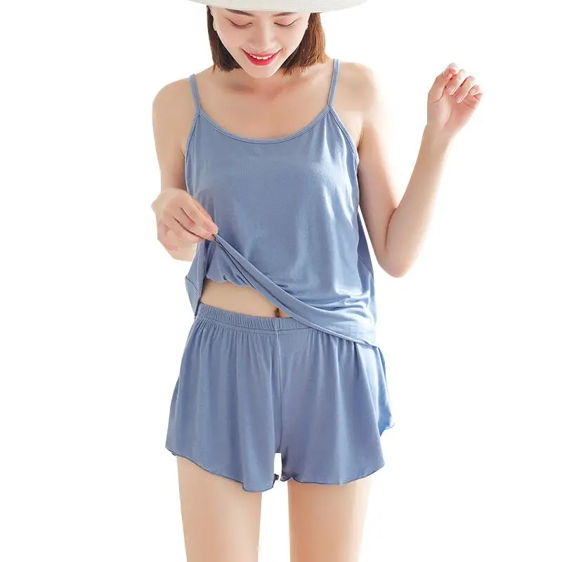 

New Women Pajamas Set Summer Spaghetti Strap Home Clothes Shorts Suit Sexy Lingerie Sleepwear Modal Homewear Plus Size 3XL