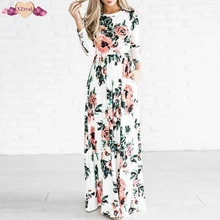 Xzreal floral longitud de impresión piso vestido mujeres verano bohemio Vestido de playa de manga larga casual o Masajeadores de cuello Maxi robe kimono suave z3d148