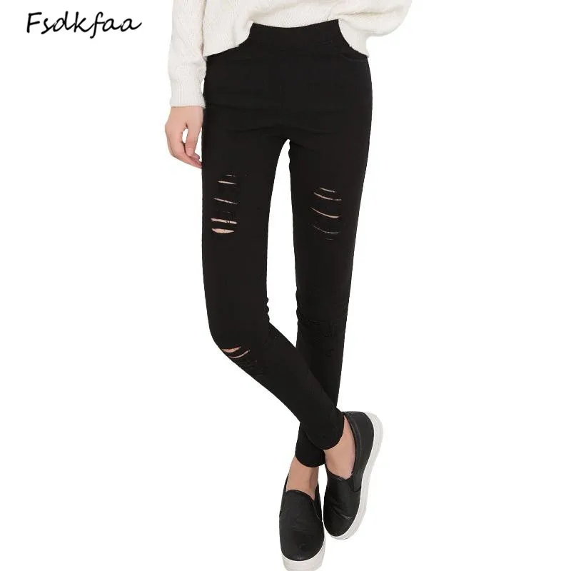 

2018 Cotton High Elastic Imitate Jeans Woman Knee Skinny Pencil Pants Slim Ripped Jeans For Women Black Ripped Jeans XXXL