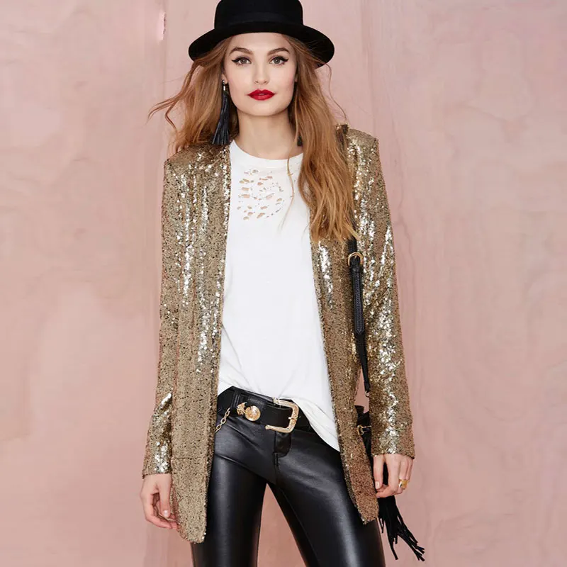 Shiny Sequined Blazer New 2016 Western Punk Suit Long Sleeve Notched