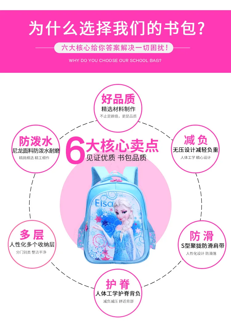 Disney girl 3D сумка для начальной школы Высококачественная нейлоновая водонепроницаемая ткань детская мультяшная замороженная Эльза милая сумка для снижения нагрузки