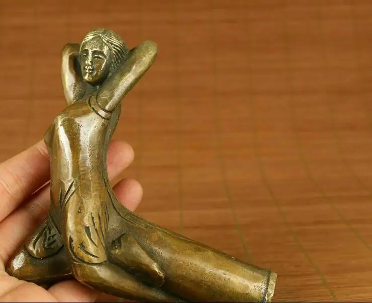 Antique old bronze hand carved belle statue stick head slingshot Shelf 