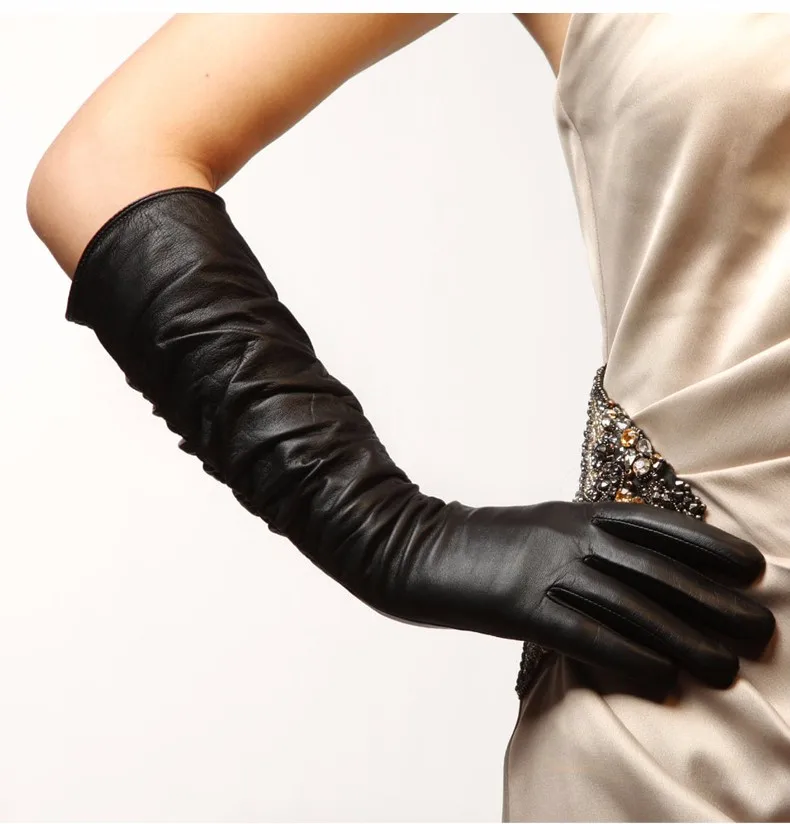 Женщины кожаные перчатки, Натуральная Кожа, Хлопок, Взрослый, Черный, гофрирование дизайн Длина 45-48 СМ, спандекс, кожаные перчатки