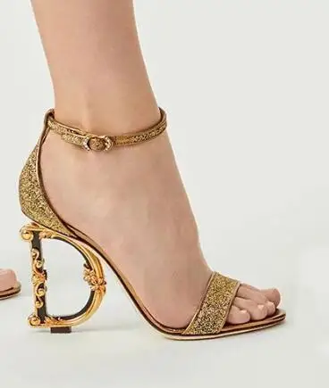 

Moraima Snc Gold Glitter Embellished High Heel Shoes Woman Sexy Open Toe Strange Heels Sandals Ankle Strap Runway Sandalias