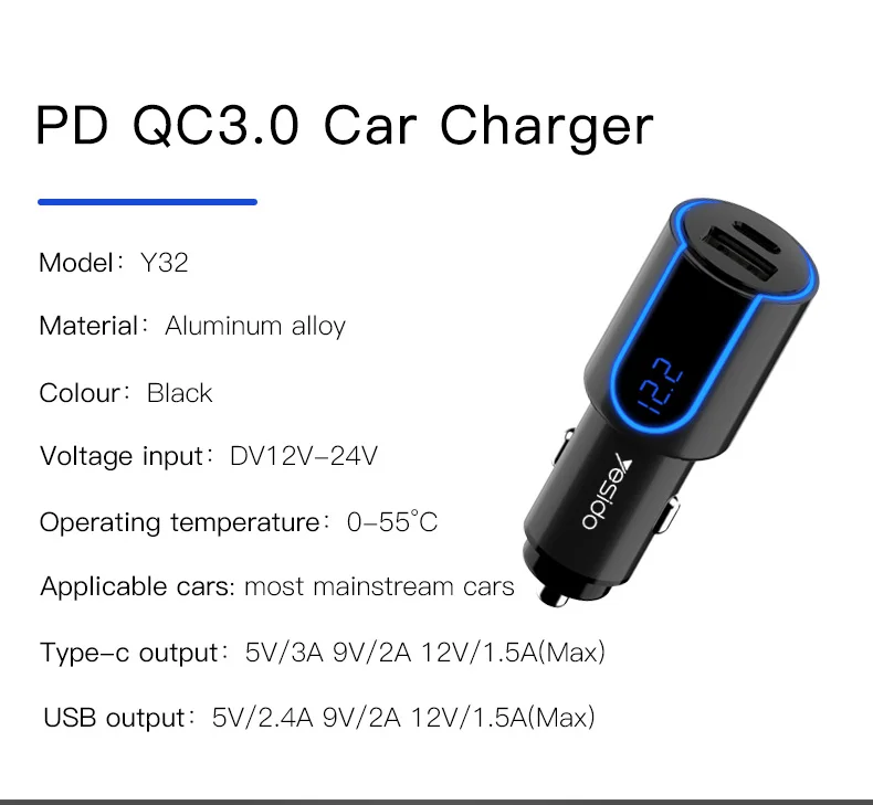 Yesido Y32 Быстрая зарядка 3,0 PD USB C автомобильное зарядное устройство цифровой дисплей Автомобильный USB адаптер для iPhone X XS 8 samsung S9 быстрое зарядное устройство для телефона