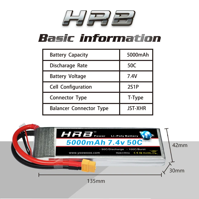 HRB RC Lipo 2S батарея XT60 T-DEAN TRX 7,4 V 5000mAh 50C 100C для автомобиля AKKU лодки самолета квадрокоптера Slash 4x4 Remo хобби реактивный часть