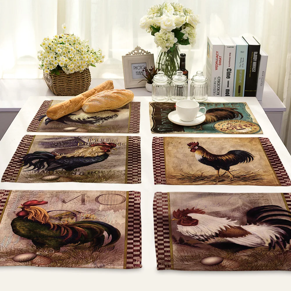 

Pastoral Poultry Animal Oil Painting Tableware Decoration Jacquard Retro Cock Rectangular Linen Placemat Color Coaster 42x32cm