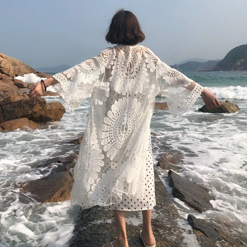 Для женщин Повседневное белый черный блузка Cover Up Топы корректирующие цветочный пляжный кардиган одежда вышивка кружево богемный