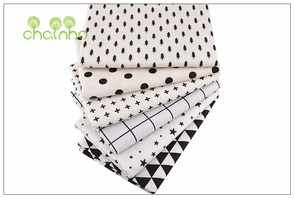 Chainho,6pcs/Lot,Black&White Series,Patchwork Printed Cotton Linen Fabric,For DIY Quilting&Sewing Placemat,Bags Material,25x45cm