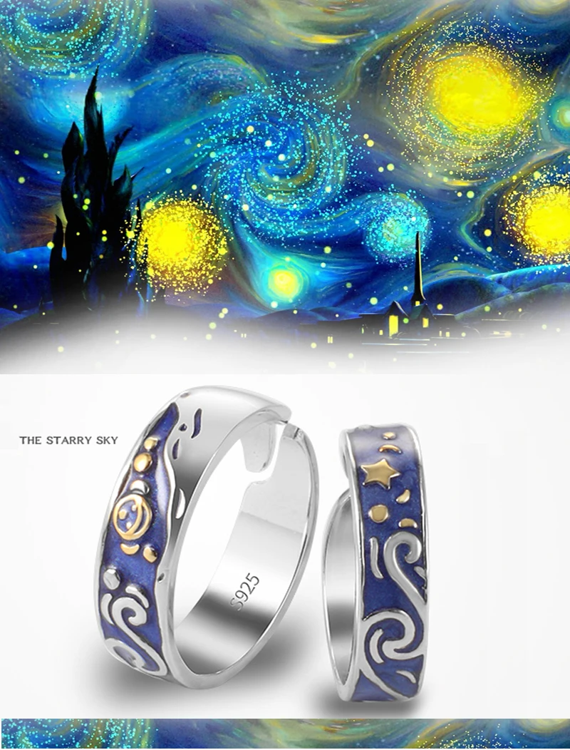 Qevila 2019 Fashion Personalized Rings Customized Van Gogh Enamel Ring 925 Sterling Silver Gold Moon Star Canvas Rings for women (8)