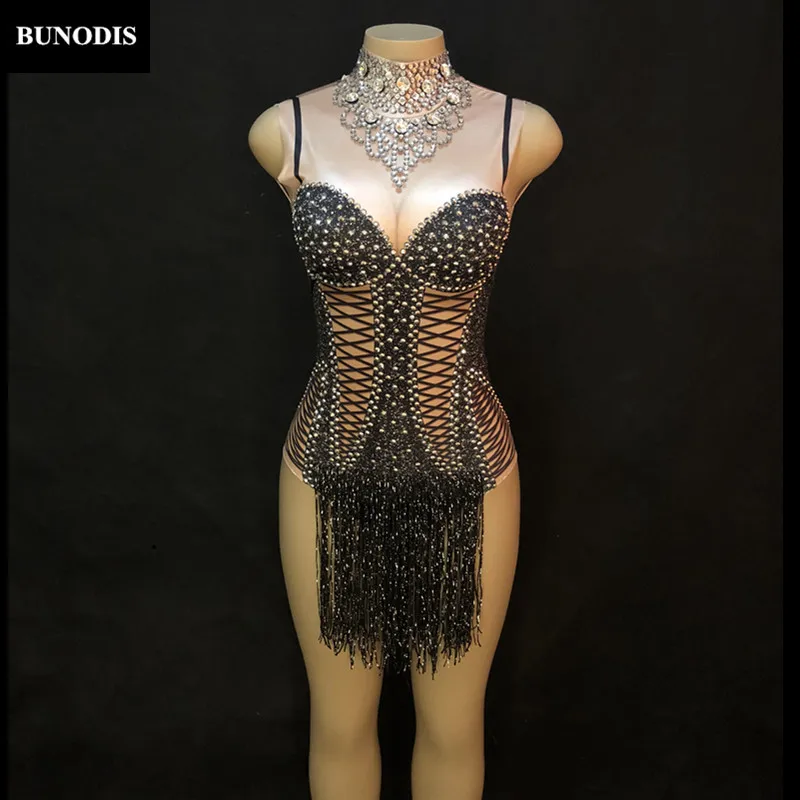 

ZD379 Women Sexy Bodysuit Black Tassel Silver Big Sparkling Crystals Jumpsuit Nightclub Party Stage Wear Dancer Singer Costume