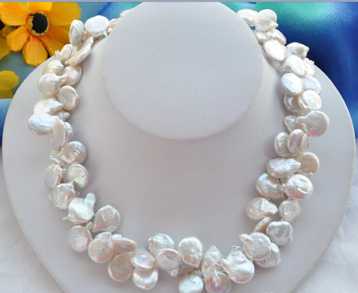 

2row 18" 14mm white COIN FRESHWATER CULTURED pearl necklace