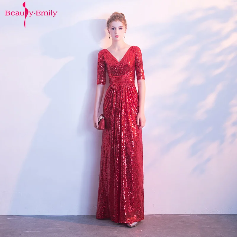 

Beauty Emily Long V Neck Red Evening Dresses Short Sleeve Sequins A Line V Back Elegant Party Dresses Formal Occasion Prom Gowns