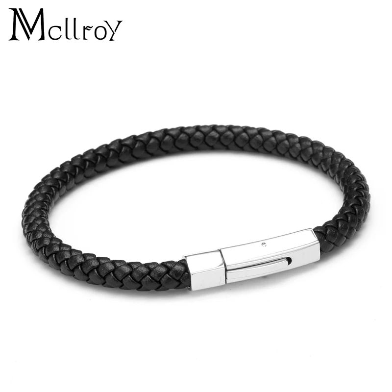 

Mcllroy Men Bracelet Steel Wire & Leather Braided Rope Bracelet Stainless Steel Clasp Bracelet Male Jewelry