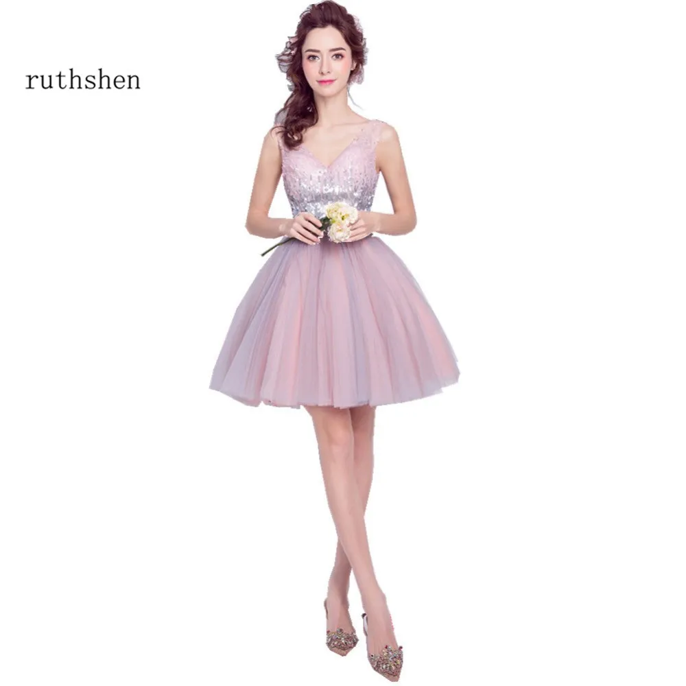 ruthshen Short Pink Prom Dresses Cheap V Neck Bling Bling Sequins Ruched Mini Formal Cocktail