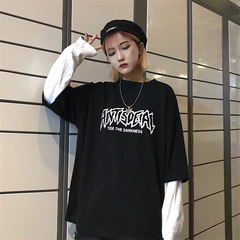 Skup Fajna napisy drukuj z japonii harajuku czarny biały Hip Hop t shirty mężczyźni kobiety wiosna imitacja dwuczęściowej z długim rękawem luźna koszulka damska