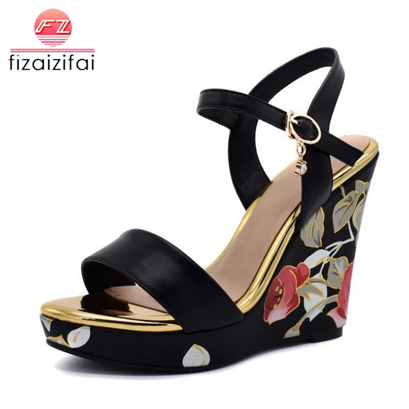 

FizaiZifai Women Wedges Sandals Fashion Print Flowers Summer Platform Sandals Metal Buckle Chunky Heels Shoes Women Size 35-41