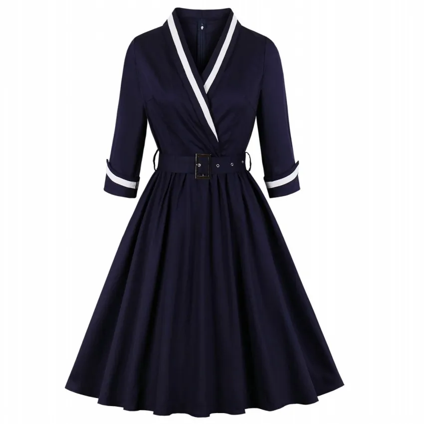 

Plus Size 4XL 3XL Autumn Women Retro Dress 50s 60s Vintage Rockabilly Swing Feminino Vestidos V Neck 3/4 Sleeves Midi Dresses