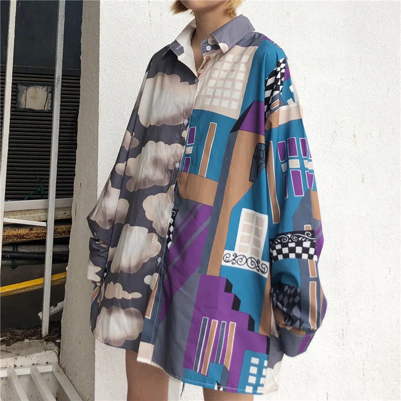 

vintage patchwork panelled print Spring Korea Streetwear Loose Casual Shirt Harajuku Long Sleeve womens tops and blouses hipster