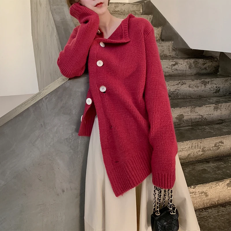 

[EWQ] 2019 Spring Autumn New Patter Office Lady Style Cardigans Irregular Single Breasted Full Sleeve Square Collar SweaterAF595