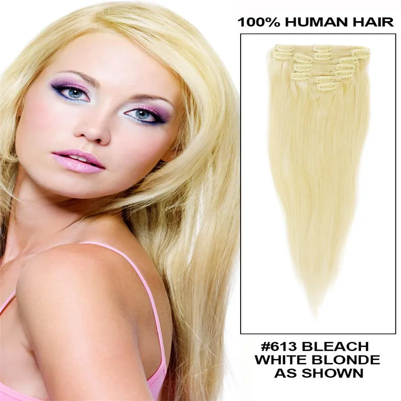 Full Head Remy Clip In Human Hair Extensions 613 Lightest Blonde 70g