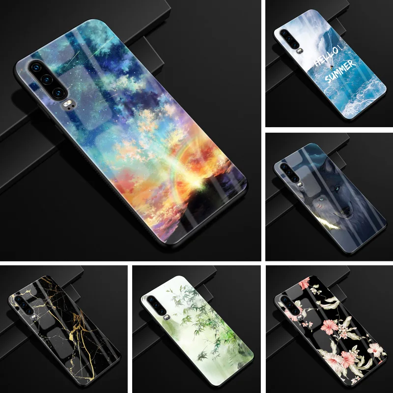 

E For Huawei P30 Case 6.1 Glass Hard Tempered Flower Phone Case For Funda Huawei P30 Case P 30 Coque Wolf Protective Para Cover