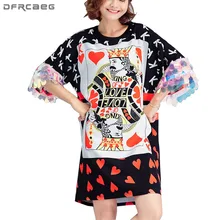

Harajuku Style Poker Cards Print Loose Woman Tshirt Dress 2018 Summer Big Size Sequin Dresses Short Sleeve Casual Vestido Femme