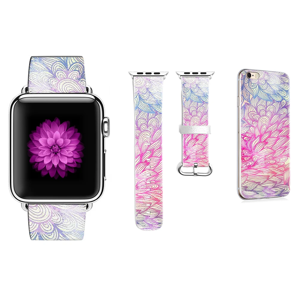 Ремешок с цветочным узором DiY для Apple Watch 38 мм 42 мм 40 мм 44 мм кожаный браслет для iWatch Series 2 3 4 ремешок подарок для IPhone чехол