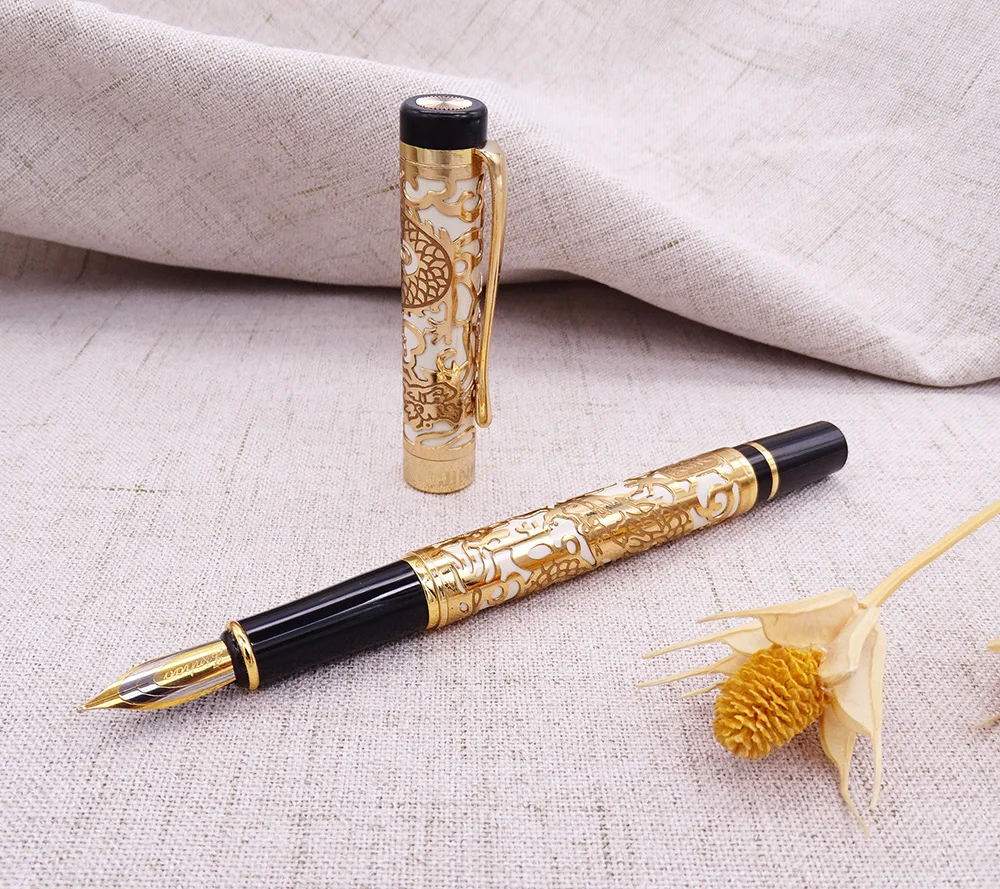 Dragon Embossed Pattern Yellow & Golden Jinhao 5000 18 KGP F Fountain Pen 