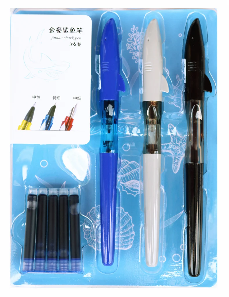JINHAO 3 ручки набор милая ручка с акулой пластиковая перьевая ручка с синими чернилами капсула Студенческая ручка для письма подарок для ребенка