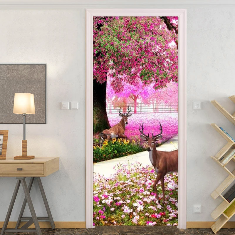 

PVC Self-Adhesive Door Sticker 3D Cherry Blossom Path Deer Wallpaper Living Room Wedding House Murals 3D Stickers Drop Shipping