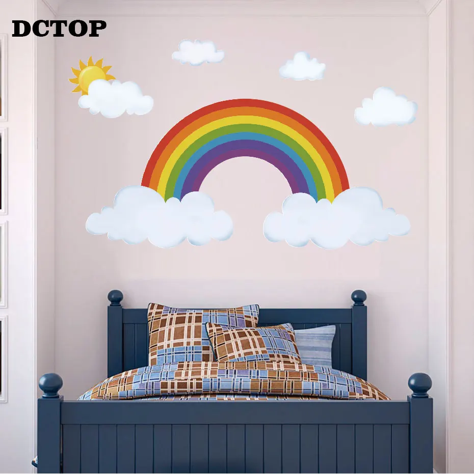 Sun and Rainbow with Cloud Wall Decal Kids Children's Art Vinyls Stickers Bedroom Nursery Baby Room Home Decorative Wallpaper